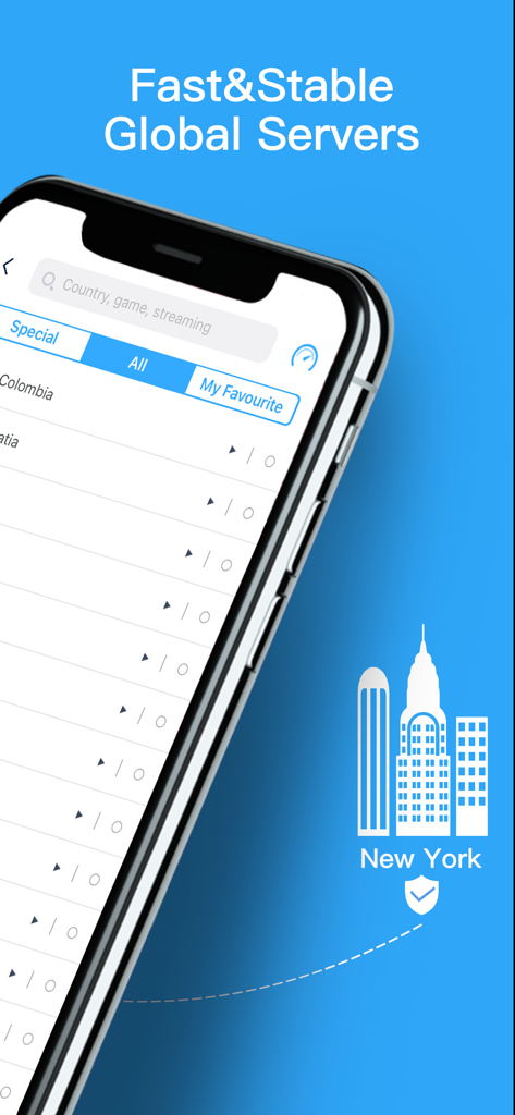 Interface of Speedy Quark VPN showing a list of fast and stable global servers on an iPhone