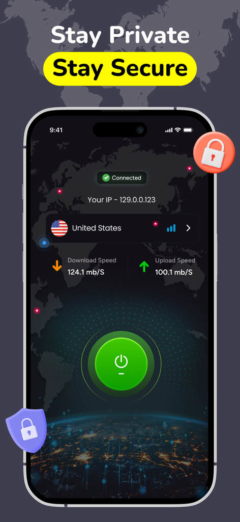 VPN - High Speed VPN, VBN, VP - Interface of VPN High Speed app displaying a connected US server with speed metrics.