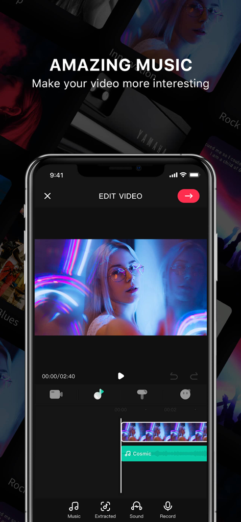 Video Editor . - Mobile app interface for adding music and sound effects to videos
