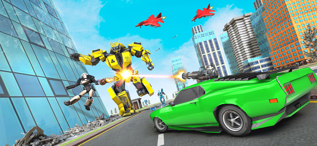 A giant yellow robot battles enemies in a city with a green car equipped with a gatling gun and fighter jets overhead
