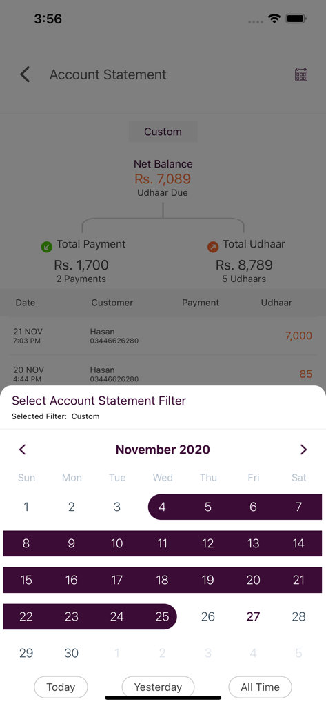 Udhaar Book – Digi Khata Book - Udhaar Book app account statement screen with a calendar date range filter showing net balance and transaction history