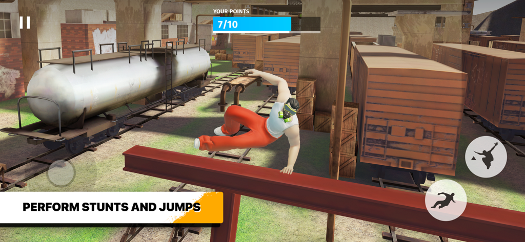 Parkour Simulator 3D: City Run - Um personagem de parkour realizando um salto sobre uma viga em um cenário de pátio ferroviário industrial