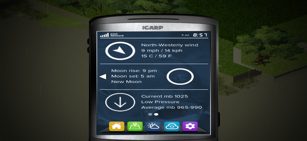 Dispositivo móvil dentro del juego que muestra la velocidad del viento, los ciclos lunares y la presión del aire para la estrategia de pesca en Carpcraft