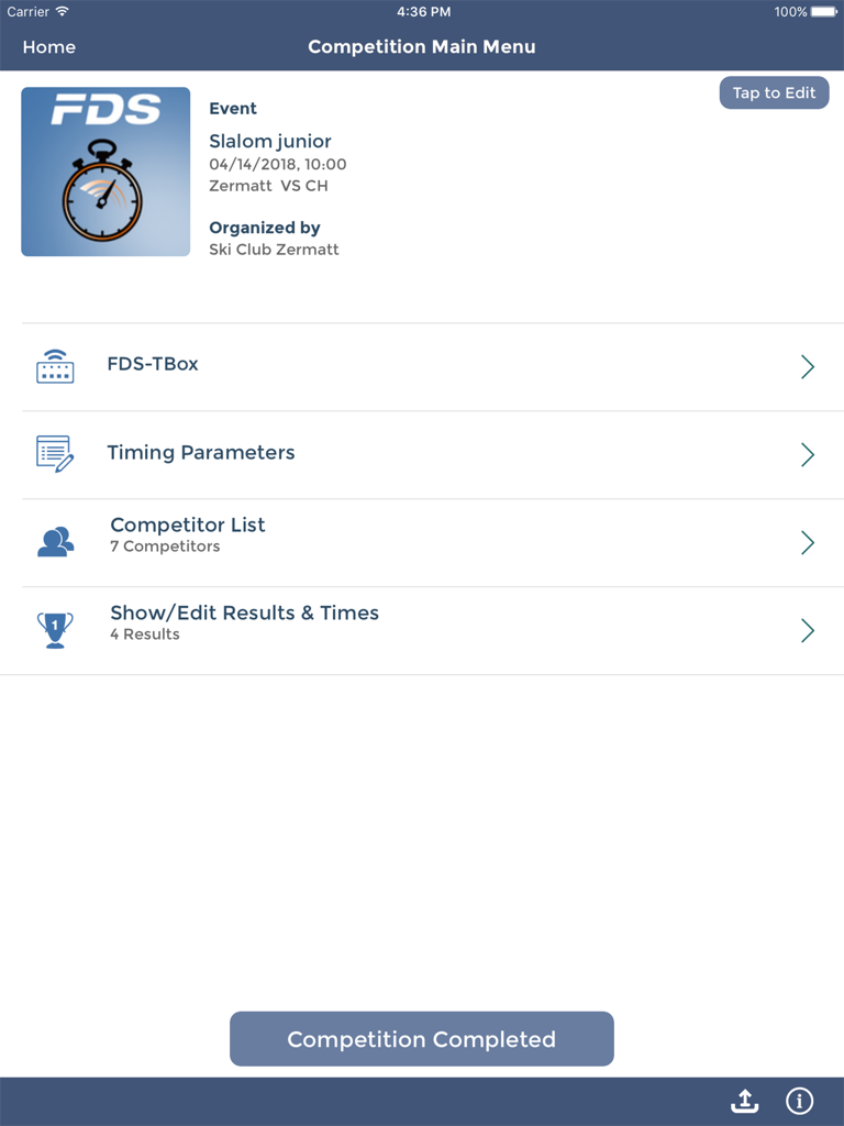 FDS Smart Chrono - FDS Smart Chrono iPad app competition main menu for managing sports timing events