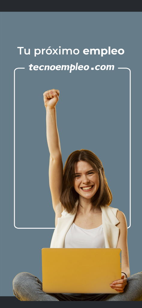 A smiling young professional with a laptop celebrating a new career opportunity with Tecnoempleo