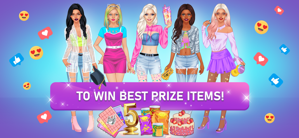 College Girl Team Makeover - Cinq filles de collège stylées se tenant ensemble avec une bannière indiquant pour gagner les meilleurs articles de prix.