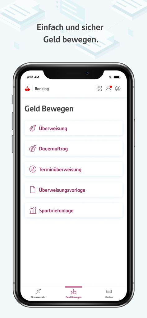 Pantalla de la aplicación móvil MySantander Banking que muestra opciones para mover dinero y gestionar transferencias