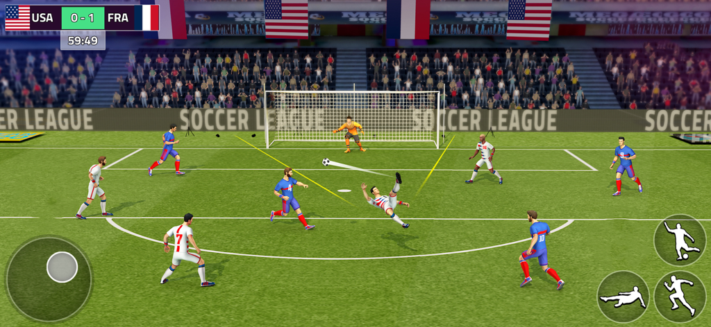 Real Soccer – Football Games - バイシクルキックを行う選手がいる、アメリカ対フランスの試合を示すReal Soccerのゲームプレイ画面。