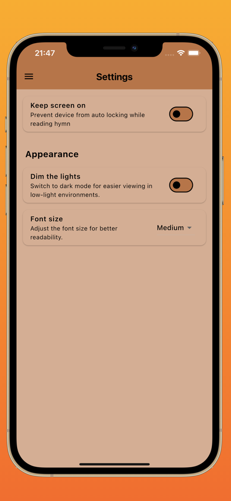 Tinsimu Ta Mhalamhala Hymns - Settings screen of the Tinsimu Ta Mhalamhala Hymns app showing display and font size options.