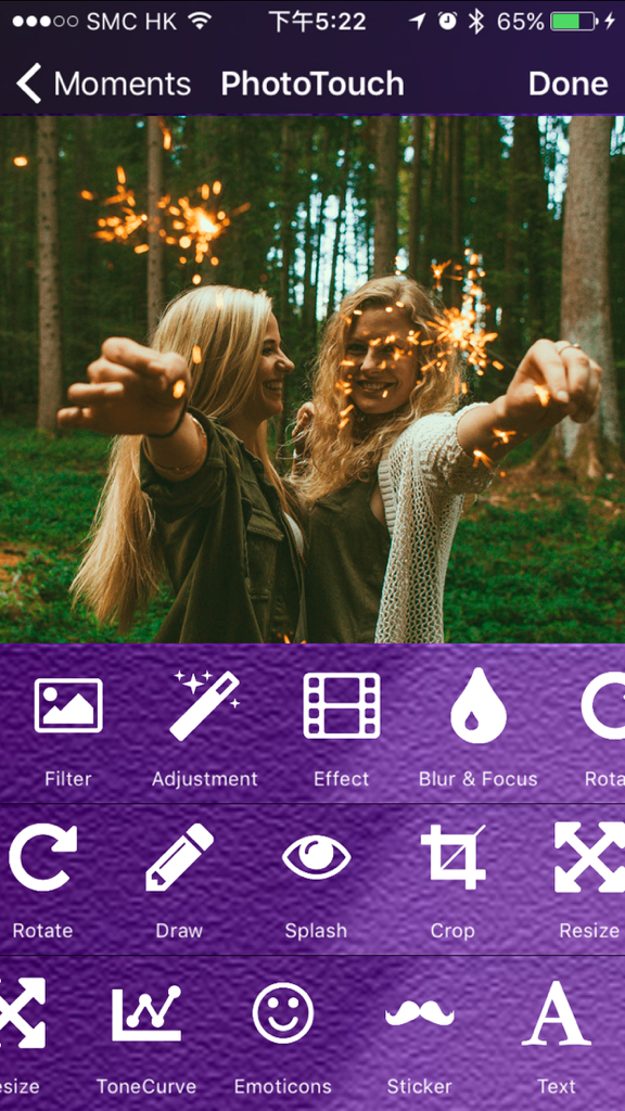 PhotoPlus app interface showing editing tools like filters, crop, and stickers with a sample photo