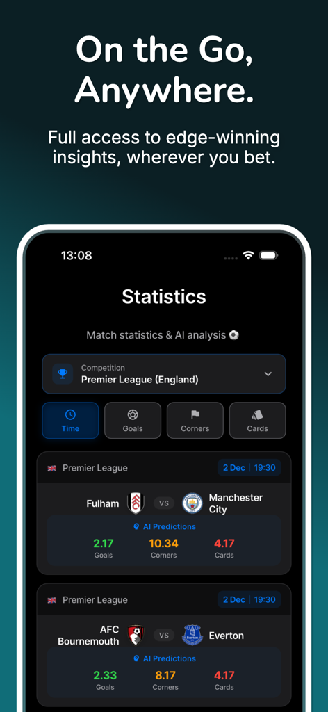 AI Betting Tips - Football - Mobile app screen displaying AI football predictions and match statistics for the Premier League