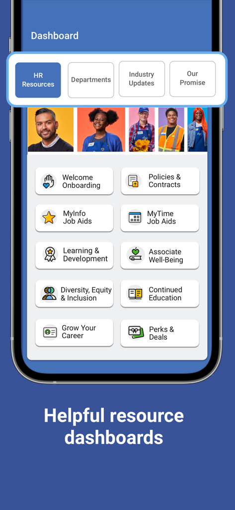 FEED Mobile - Screenshot of the FEED Mobile app dashboard showing HR resources like onboarding policies and employee benefits