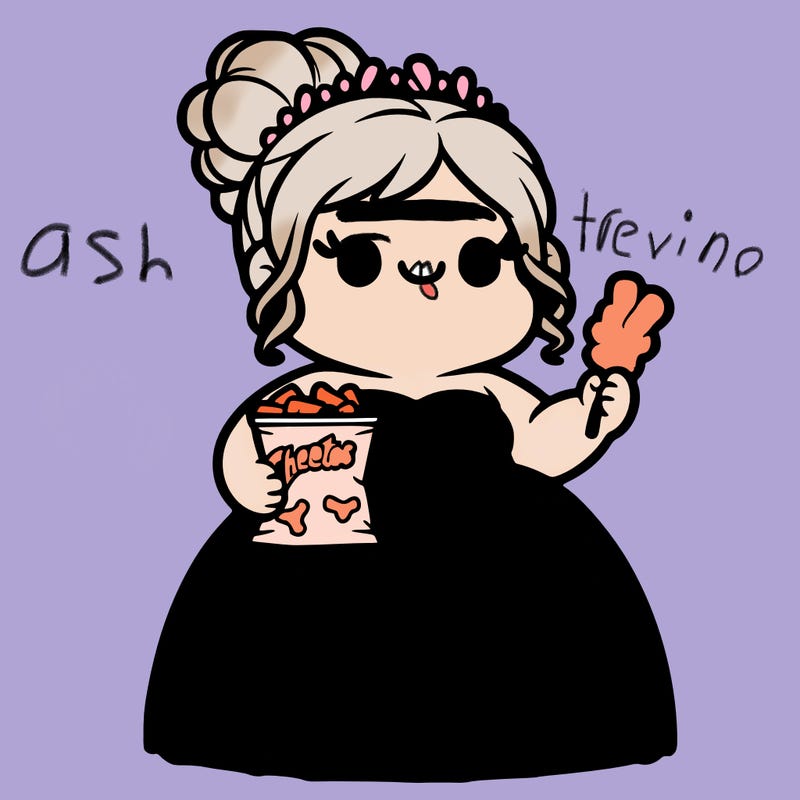a fat girl holding cheetos wearing a gown