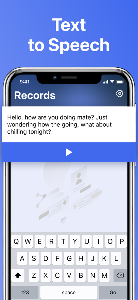 Text to Speech - Reading Apps - Interfaz de la aplicación Texto a Voz que muestra un cuadro de mensaje y un botón de reproducción en la pantalla de un iPhone