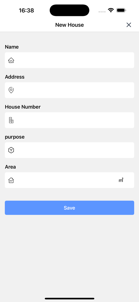 RenBudg app screen for adding a new house project with address and area fields