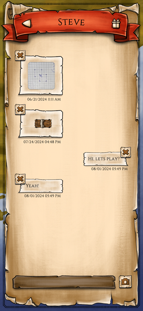 A pirate themed chat interface showing messages and shared game images between players on an atmospheric parchment background.