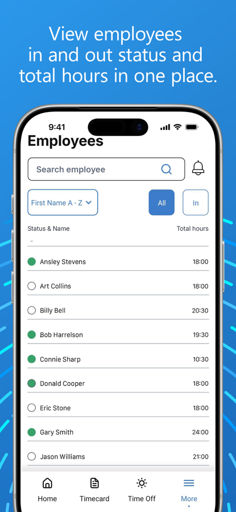 PayClock app interface showing employee names with their punch status and total hours.