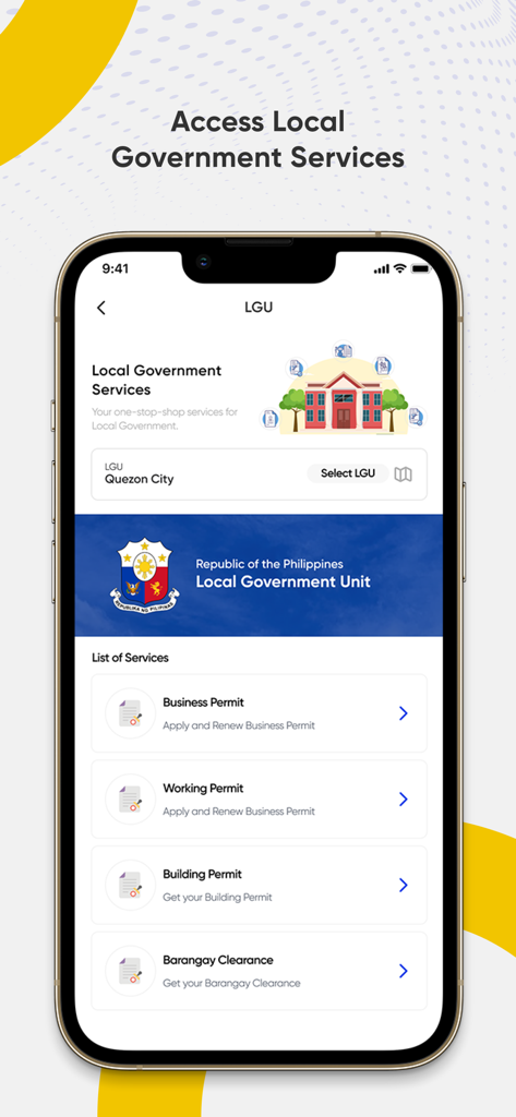 Mobile Schnittstelle der eGovPH-App, die Dienstleistungen und Genehmigungen der lokalen Regierungseinheit für Quezon City anzeigt