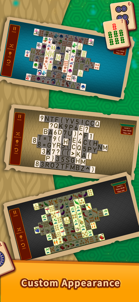 Mahjong Solitaire Puzzles game screen showcasing various customizable tile sets and backgrounds.