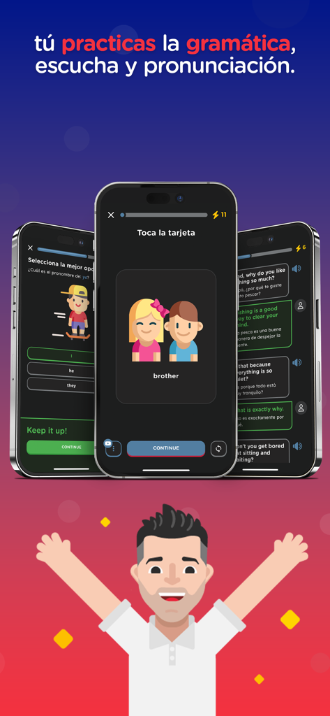 Inglés Fácil - Francisco Ochoa - Screenshots of the Inglés Fácil app showing English grammar and listening exercises for Spanish speakers