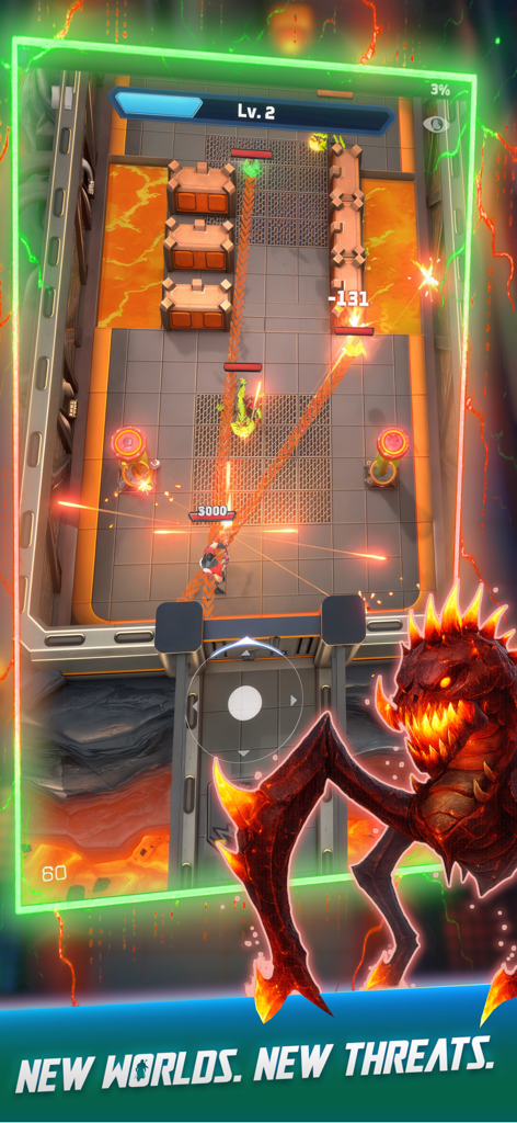 Space Quest: Alien Invasion - Gameplay di Space Quest Alien Invasion che mostra una battaglia sparatutto dall'alto in un livello di lava con un grosso mostro infuocato