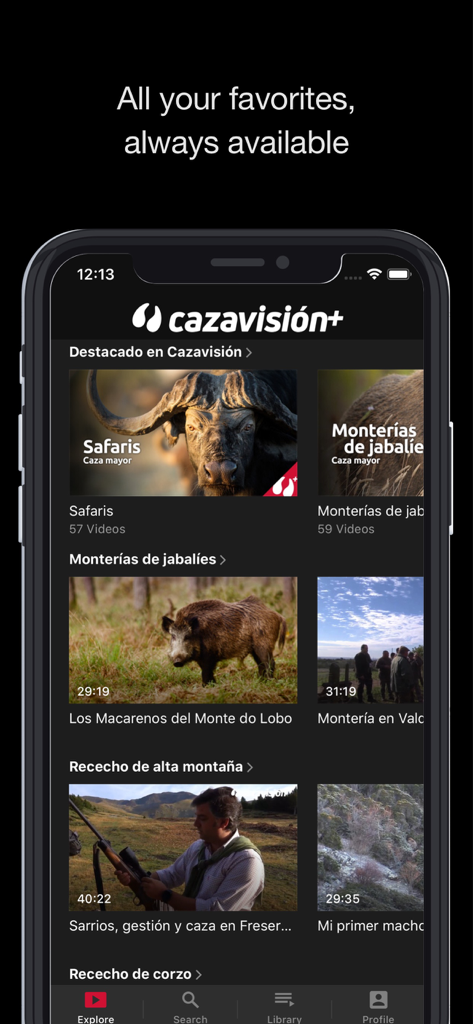 Interfaz de la app Cazavision plus mostrando categorías de documentales de caza en español