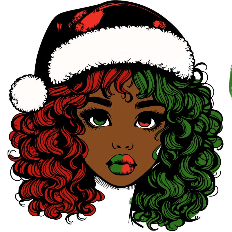 realistic girl with a santa hat curly hair and lips