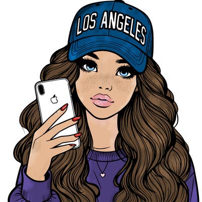 realistic beautiful girl wearing los ángeles cap holding an iphone