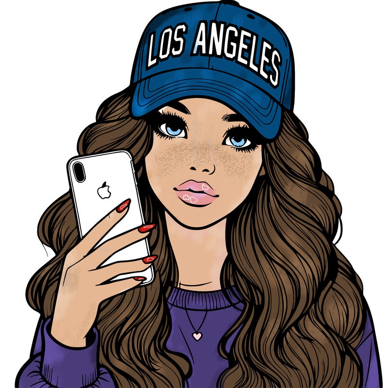realistic beautiful girl wearing los ángeles cap holding an iphone