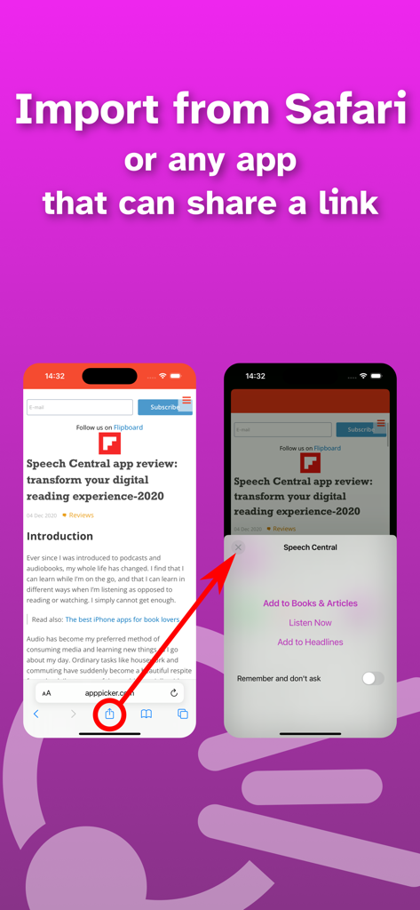 Importar artículos web desde Safari a Speech Central AI Voice Reader usando el menú compartir
