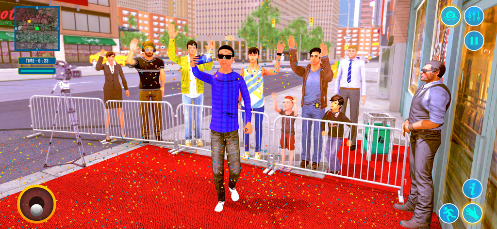 Viral YouTuber Life Simulator - Un personaje YouTuber tomándose una selfie en una alfombra roja con fanáticos y confeti en un entorno urbano