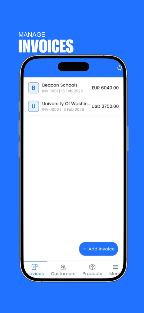 Tela móvel do aplicativo Fatura Profissional e Gestor mostrando uma lista de faturas recentes para diferentes clientes e um botão para adicionar uma nova fatura