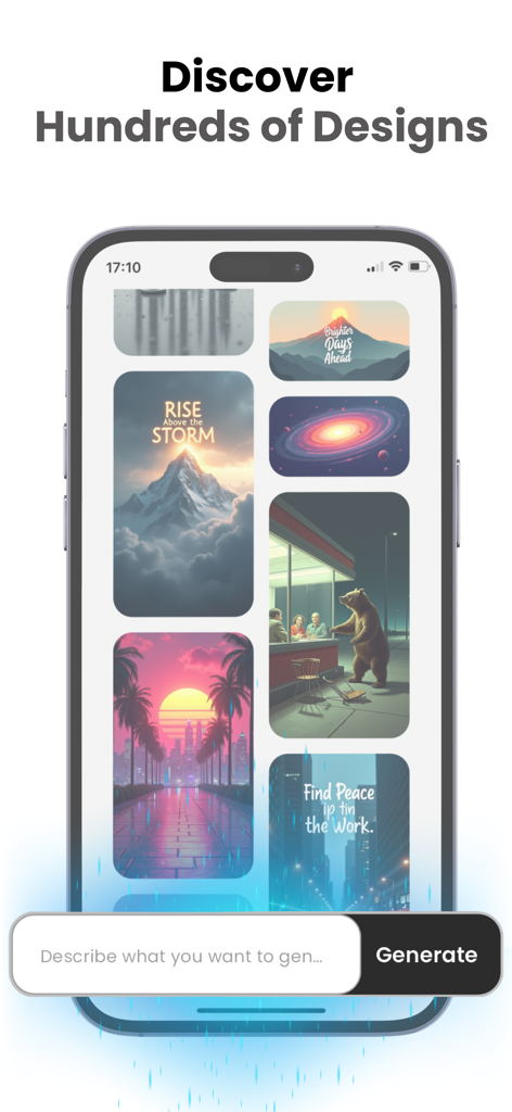 Una pantalla de smartphone mostrando una galería de pósters e ilustraciones generados por IA dentro de la aplicación Stockimg AI.