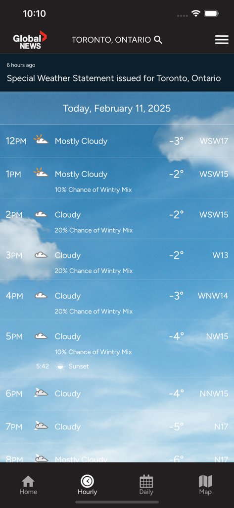 Global News SkyTracker - Hourly weather forecast for Toronto in the Global News SkyTracker app showing temperatures and cloud conditions.