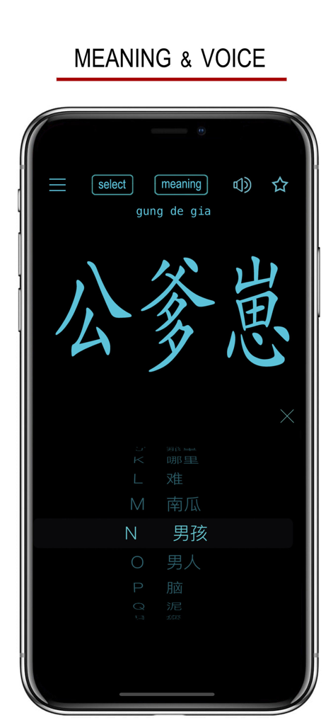 Hainan Chinese Dialect - A mobile app screen for learning Hainanese dialect showing Chinese characters and a word selection wheel