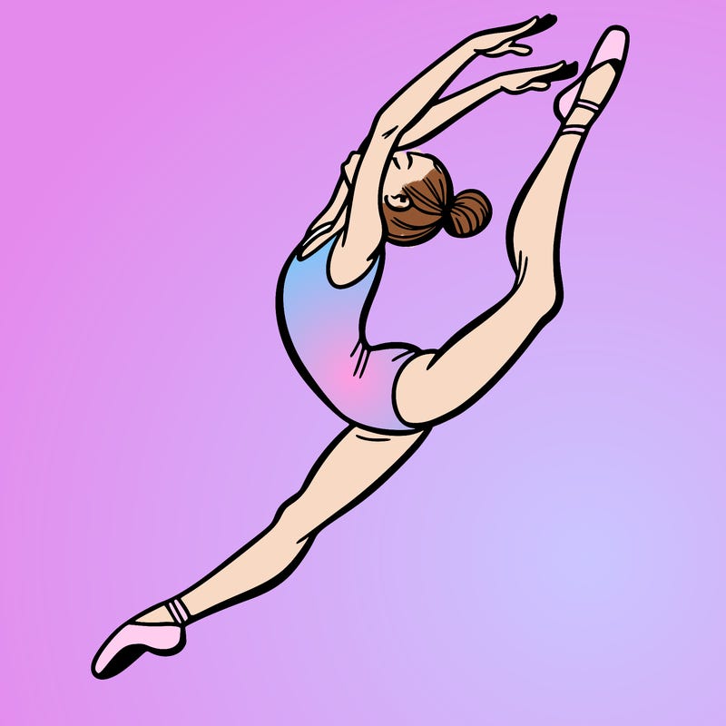 gymnast doing a leap in a leotard with a bent back leg
