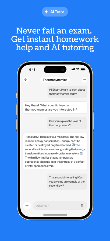 Shepherd: AI study co-pilot - Shepherd AI study co-pilot chat interface providing thermodynamics homework help