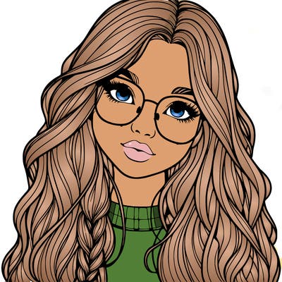 girl with long hair and freckles and glasses realistic