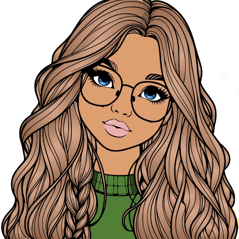 girl with long hair and freckles and glasses realistic