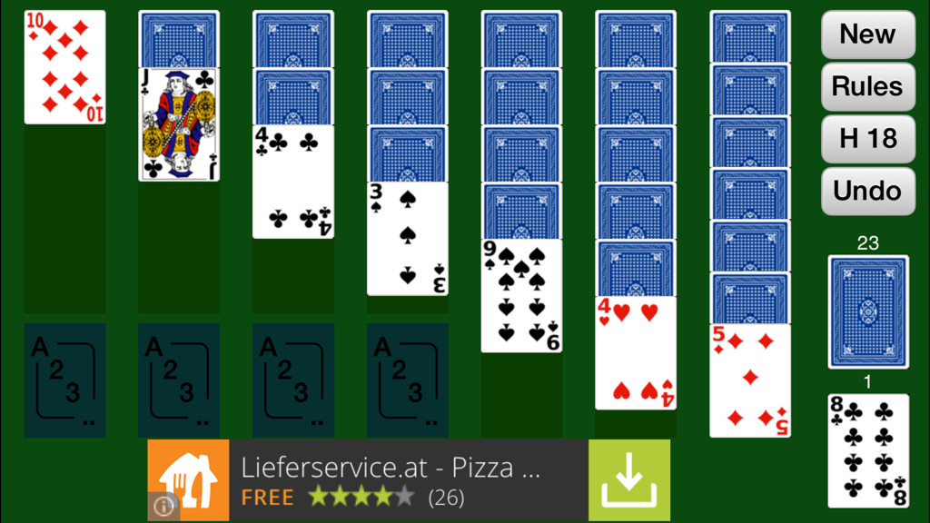 Simply Solitaire - Classic solitaire card game layout on a green felt background with navigation menu