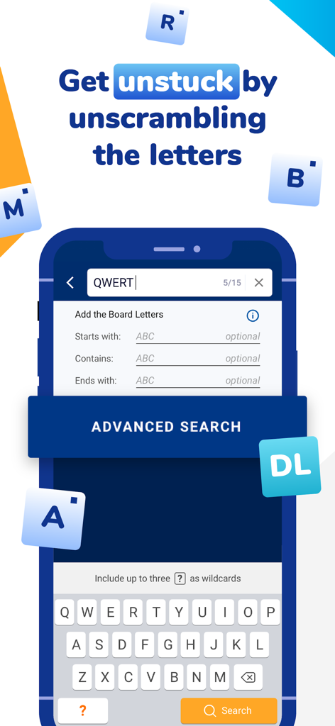 Interface of the WordFinder app showing advanced search features to unscramble letters and find words for games like Scrabble or Words With Friends