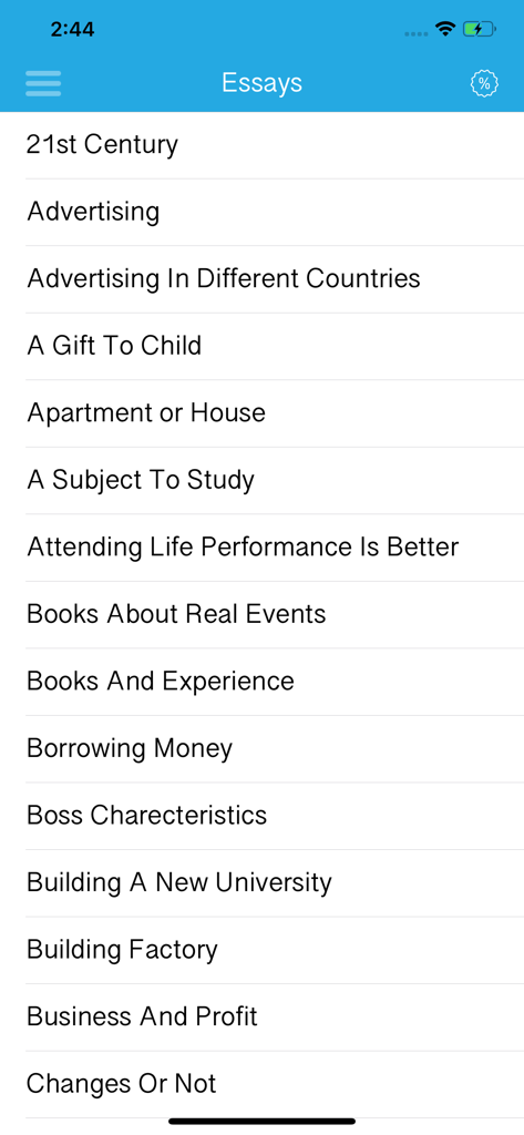 A list of practice essay topics for the IELTS writing exam within the app