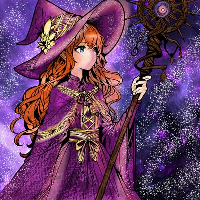 a realistic fantasy manga witch with a staff