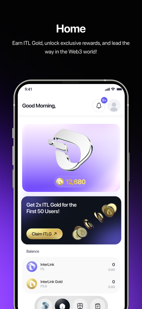 InterLink Network - InterLink Network app home screen showing ITL Gold rewards and Web3 dashboard