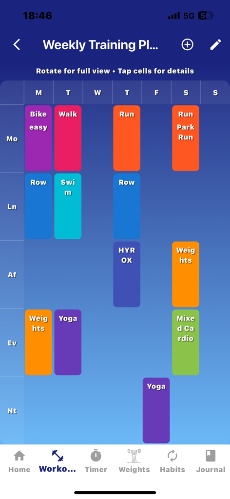 The RowAlong App - Weekly training plan screen showing a color-coded schedule for rowing, running, and other fitness activities.