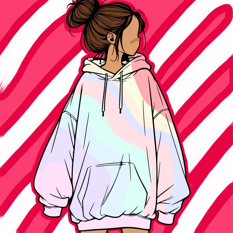 realistic girl with a oversized sweatshirt on and a bun