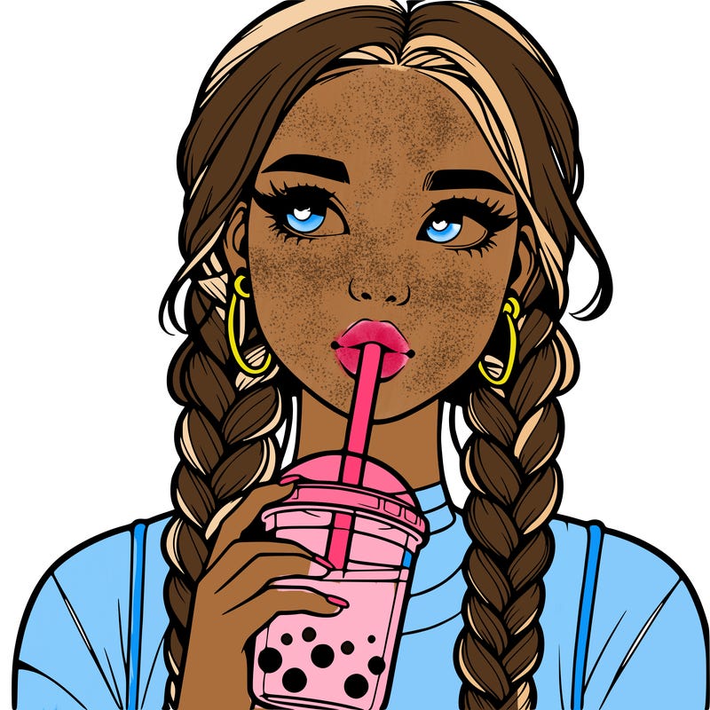 realistic girl with braided hair drinking boba