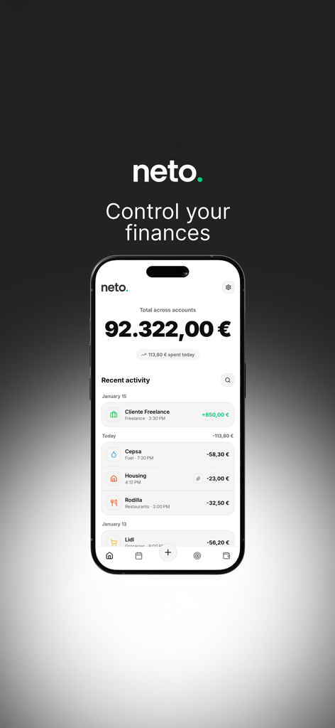 Neto: Budget & Expense Tracker - Neto budget tracker dashboard showing balance and recent transaction activity