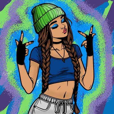 realistic teenage girl with braids and a beanie and crop top doing 🫶🏼
