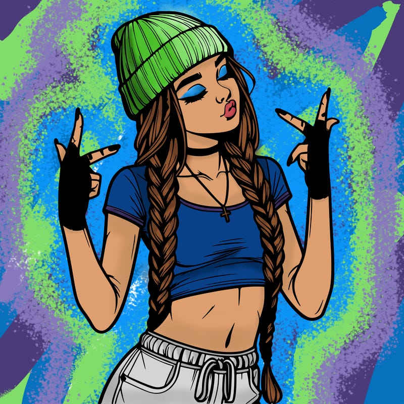 realistic teenage girl with braids and a beanie and crop top doing 🫶🏼